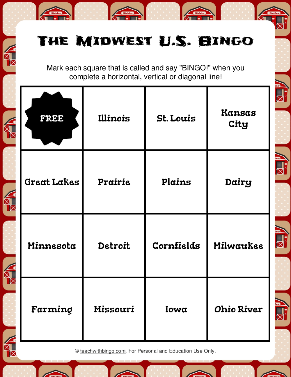 The Midwest U.S. Bingo Printable Bingo Cards | TeachwithBingo.com